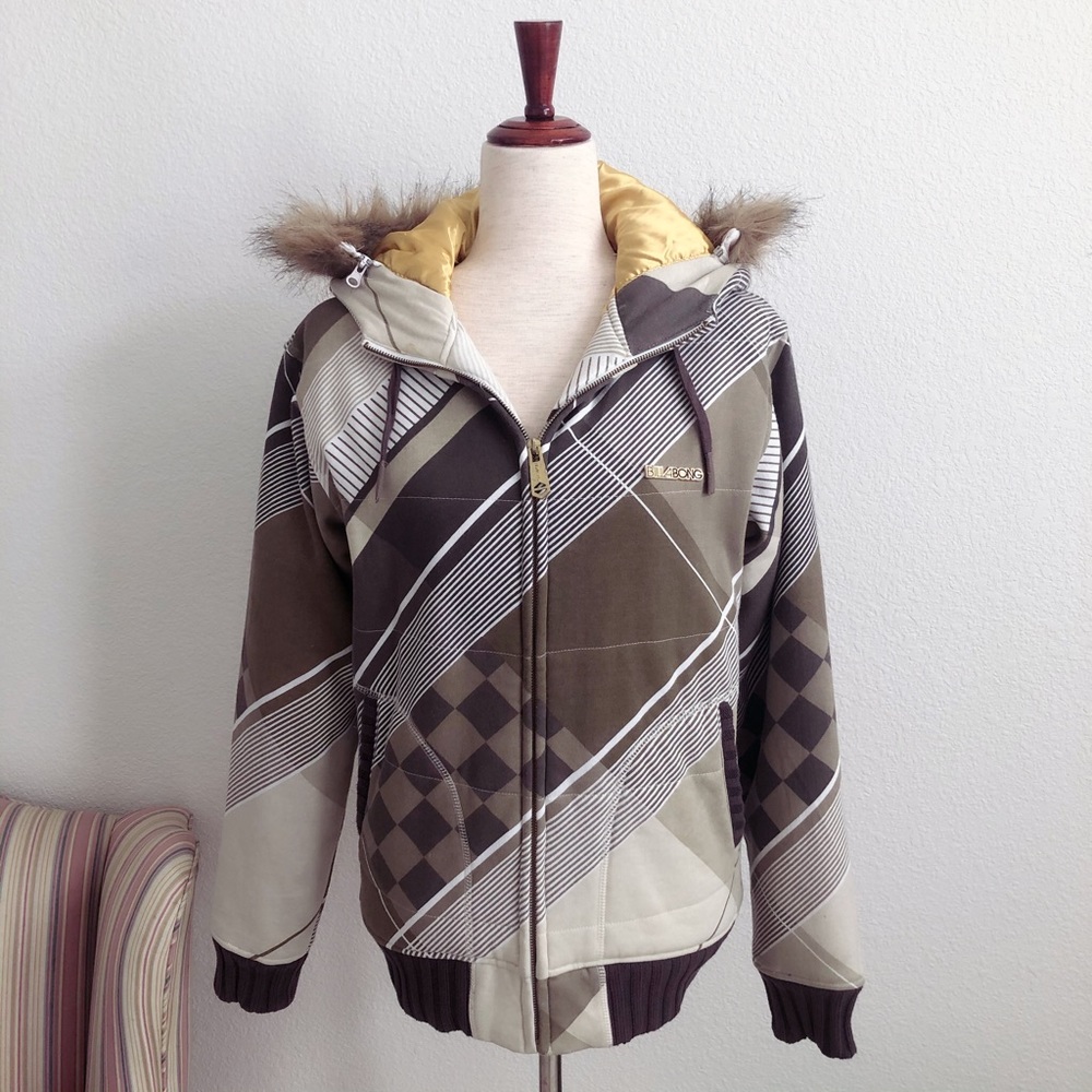 Billabong Utility Jacket Brown Yellow Faux Fur Hat